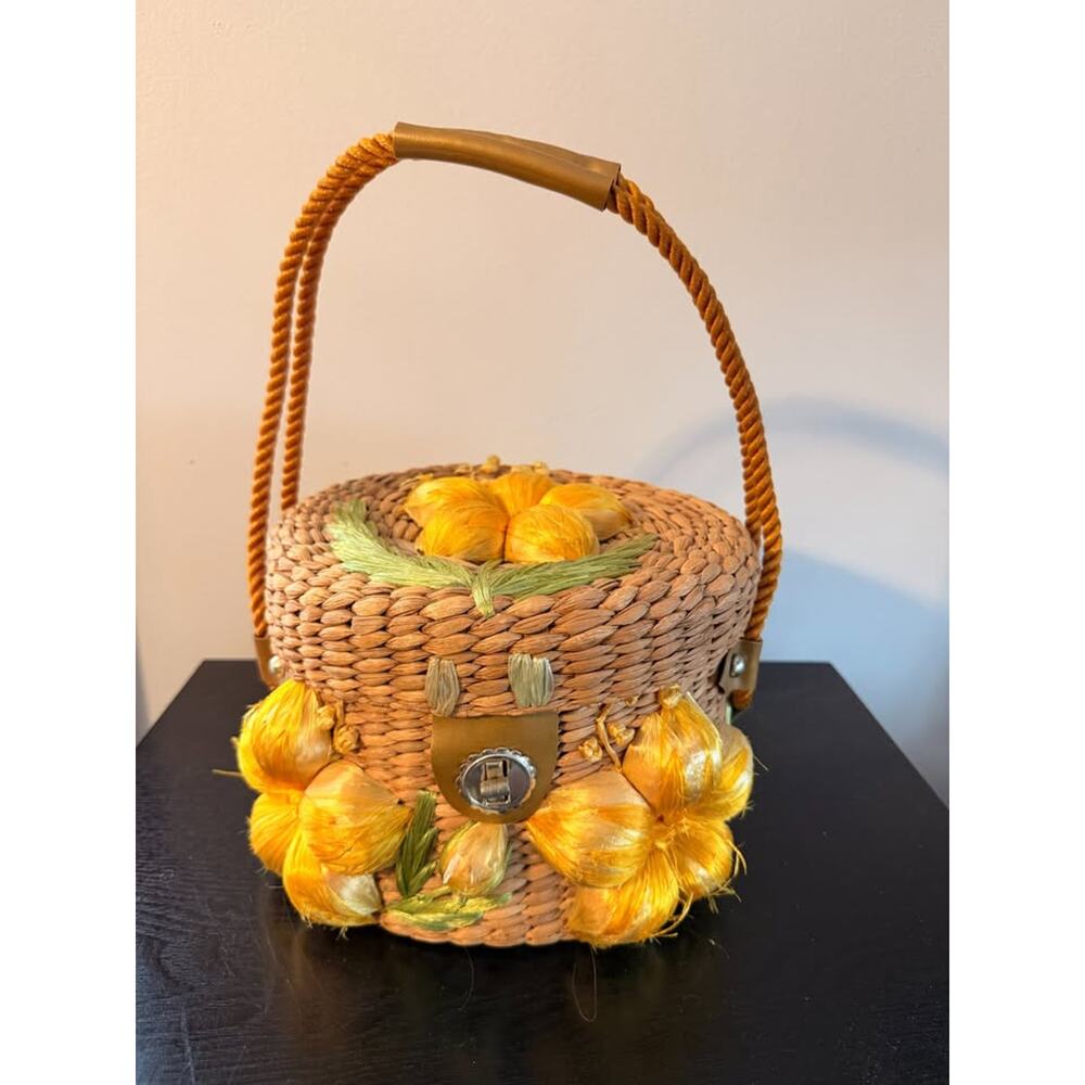 Vintage Rattan Raffia Yellow Flowers Woven Basket Tiki Purse